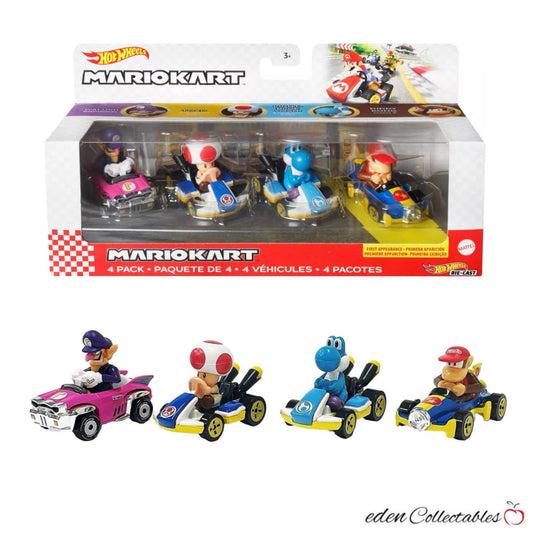 Mario Kart Hot Wheels - Waluigi / Toad / Light Blue Yoshi / Diddy Kong Die Cast Vehicle 4-Pack