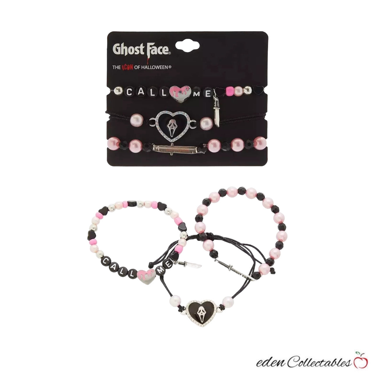 Scream Ghost Face Pink Bead Bracelet Set