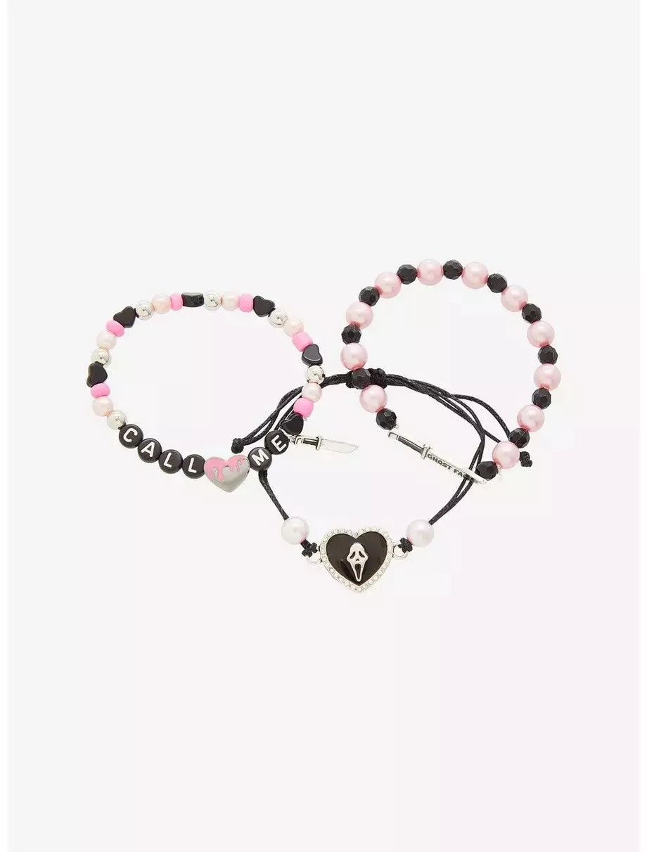 Scream Ghost Face Pink Bead Bracelet Set